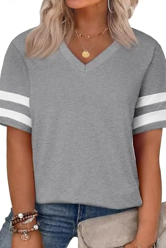Striped V Neck Short Sleeve Tee, Gray