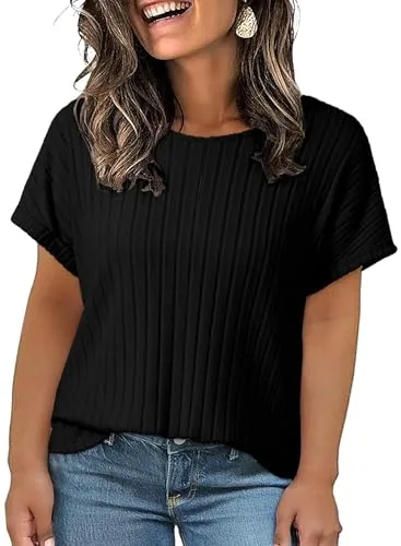Ribbed Knit Crew Neck Short Sleeve Tee, Black