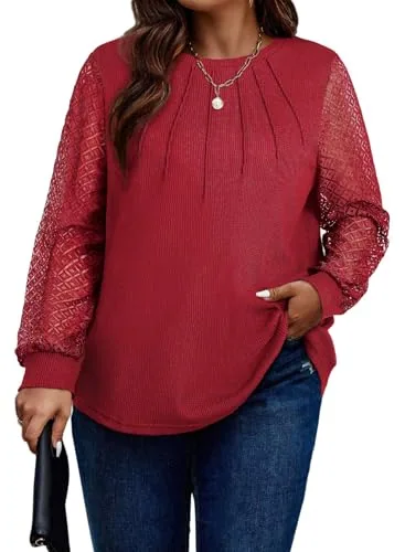 Lace Crew Neck Long Sleeve Shirt II, Red