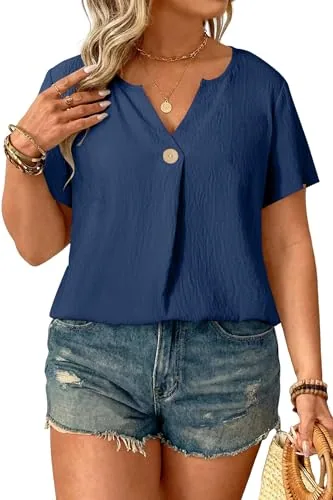 V Neck Short Sleeve Loose Blouse III, Sail Blue