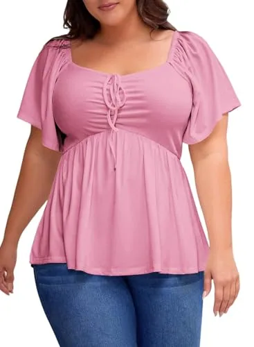 Sweetheart Neck Short Sleeve Smocked Peplum Top, Pink