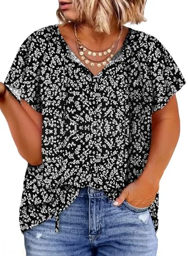 Floral V Neck Short Sleeve Drawstring Dress, Black 102
