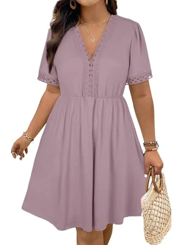 Lace V Neck Short Sleeve Elastic Waist Dress, Pink