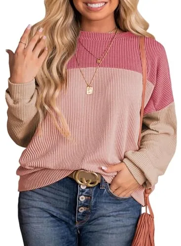 Colour Block Crew Neck Long Sleeve Sweatshirt, Pink