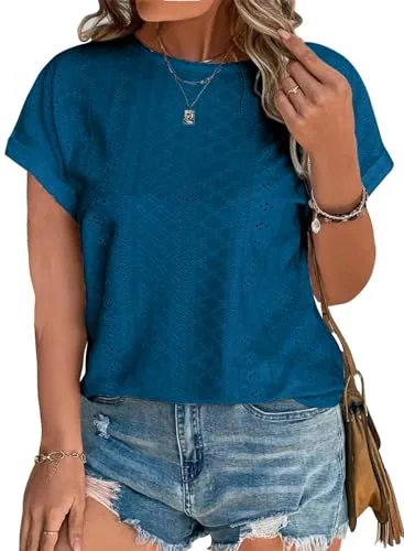 Crew Neck Short Sleeve Loose Tunic, Blue