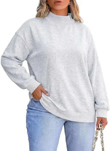 Mock Neck Long Sleeve Oversized Sweatshirt, Light Grey