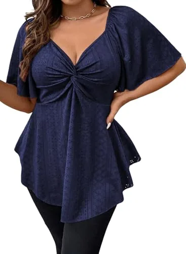Lace V Neck Short Sleeve Blouse, Navy Blue