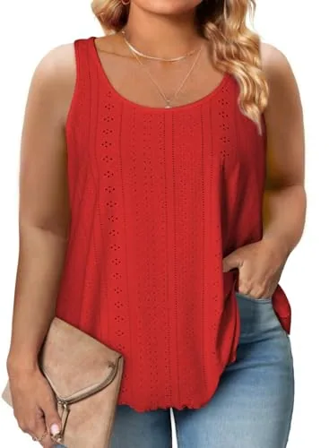 Lace Scoop Neck Sleeveless Tank Top, Fiery Red