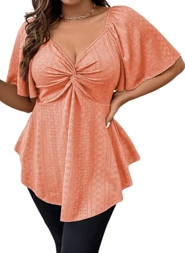 Lace V Neck Short Sleeve Peplum Top, Blossom