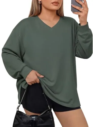 V Neck Long Sleeve Oversized Sweatshirt, Green