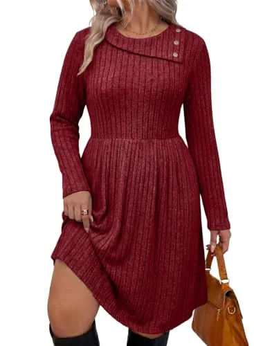 Crew Neck Long Sleeve Dress, Burgundy
