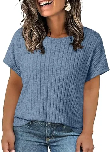 Ribbed Knit Crew Neck Short Sleeve Blouse, Ashleigh Blue