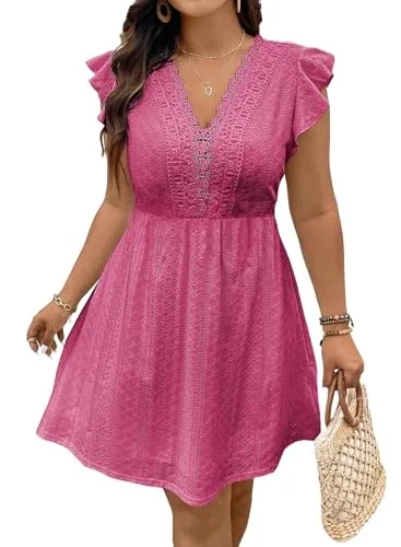 Lace V Neck Cap Sleeve Dress, Rose