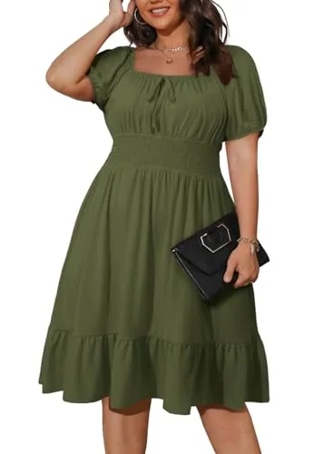 Square Neck Short Sleeve Mini Dress, Jungle Green