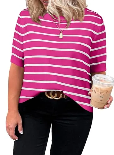 Striped Crew Neck Short Sleeve Sweater, Rose