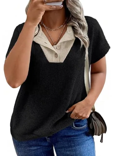 V Neck Short Sleeve Loose Blouse II, Black