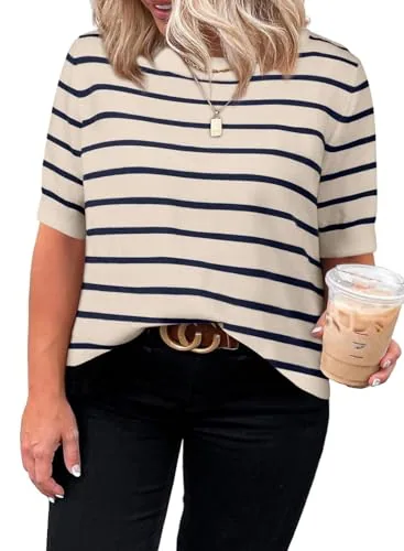 Striped Crew Neck Short Sleeve Sweater, Apricot