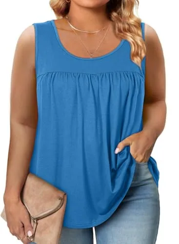 Crew Neck Sleeveless Loose Tank Top, Blue