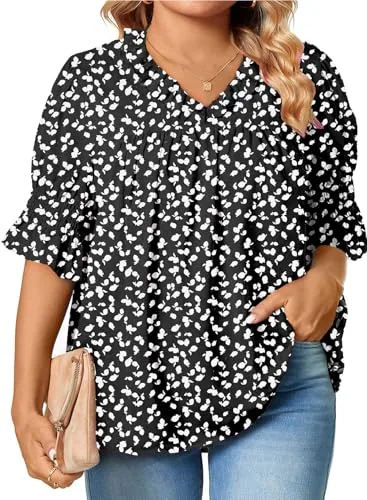 Floral V Neck Tunic, Black