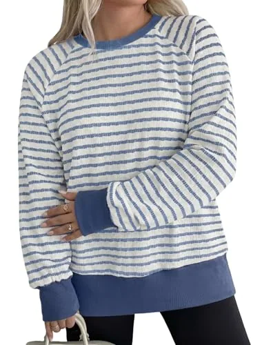 Striped Crew Neck Long Sleeve Sweatshirt, Blue