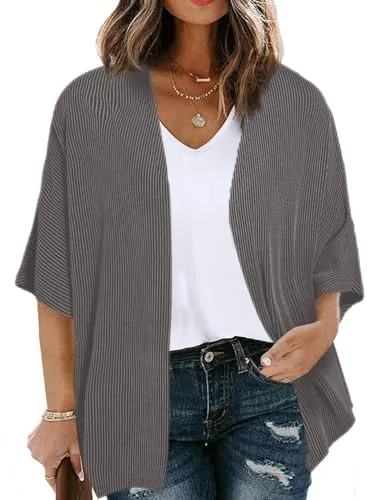 Ribbed Knit Kimono Cardigan, Dark Grey