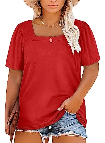 Square Neck Puff Sleeve Loose Tee, Light Red