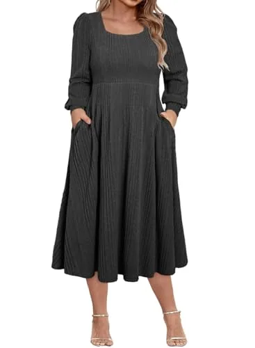 Square Neck Long Sleeve Flowy Midi Dress, Carbon Grey