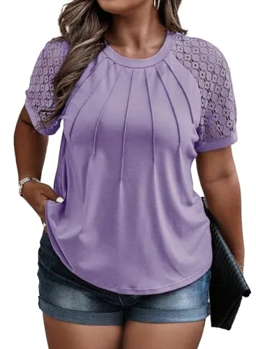 Lace Crew Neck Short Sleeve Loose Blouse, Wisteria