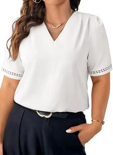 V Neck Short Sleeve Blouse, White