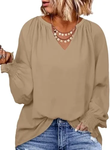 V Neck Long Sleeve Smocked Shirt, Light French Beige