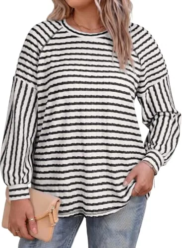 Striped Crew Neck Long Sleeve Top, Black Stripe