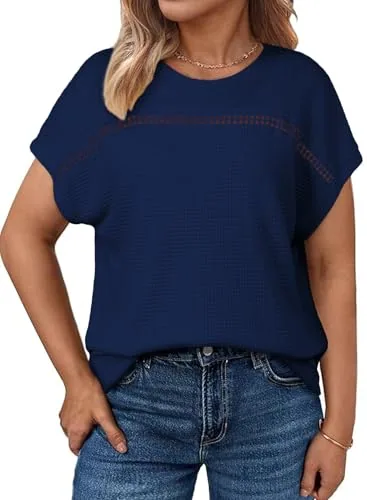 Waffle Knit Crew Neck Short Sleeve Tee, Navy Blue