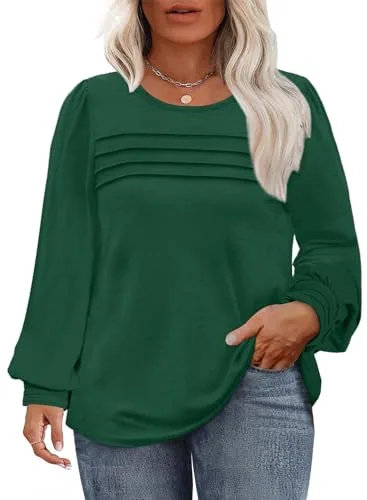 Crew Neck Long Sleeve Loose Blouse, Green