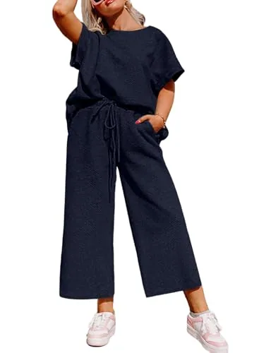 High Waist Wide Leg Crew Neck Short Sleeve Two-Piece Set II, Navy Blue