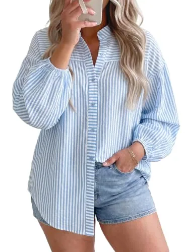 Striped Collared Long Sleeve Blouse, Sky Blue