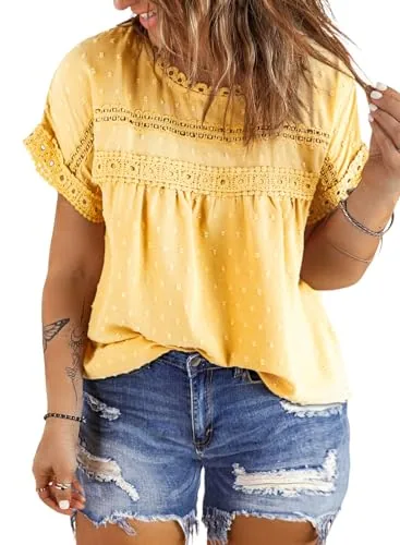 Chiffon Crew Neck Short Sleeve Blouse, Yellow