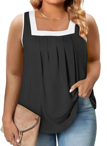 Colour Block Square Neck Sleeveless Tank Top, Black