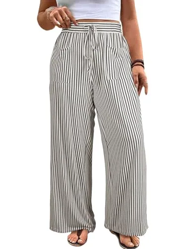 Striped High Waist Loose Palazzo Pants, Gray Stripe
