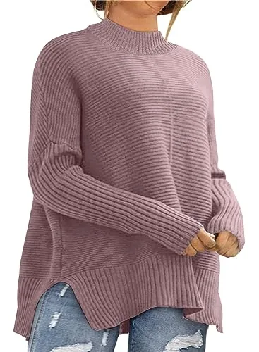 Crew Neck Long Sleeve Oversized Pullover Sweater, Purple