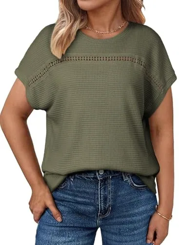 Waffle Knit Crew Neck Short Sleeve Loose Tee, Moss Green