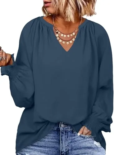 V Neck Long Sleeve Smocked Top, Real Teal