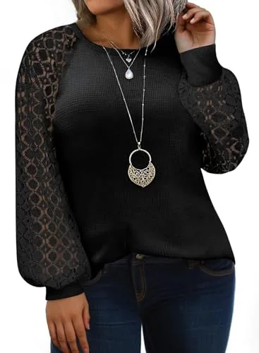 Lace Crew Neck Long Sleeve Shirt, Black