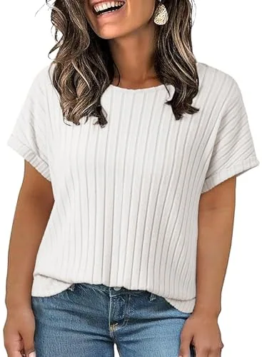 Ribbed Knit Round Neck Short Sleeve Shirt, White