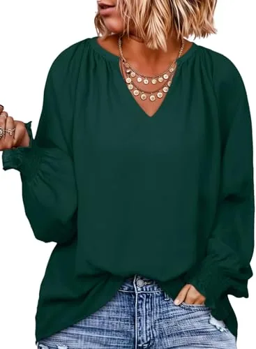 Chiffon V Neck Long Sleeve Smocked Top II, Blackish Green